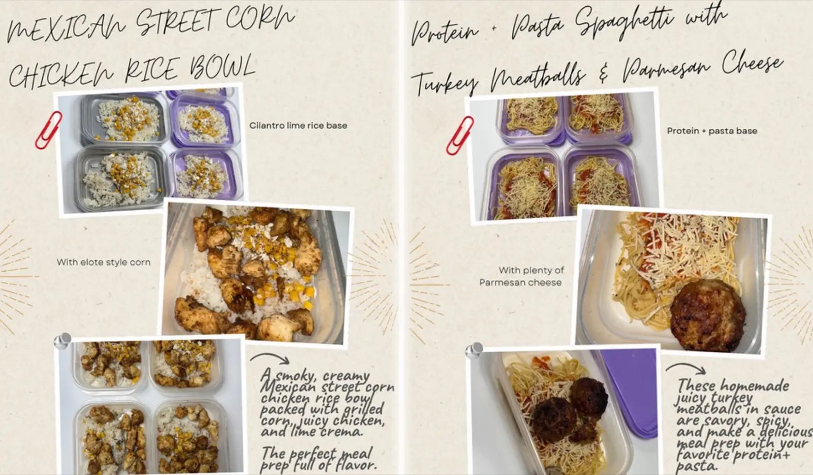 Meal prep examples: Mexican street corn chicken rice bowl, and protein pasta spaghetti with turkey meatballs and parmesan
