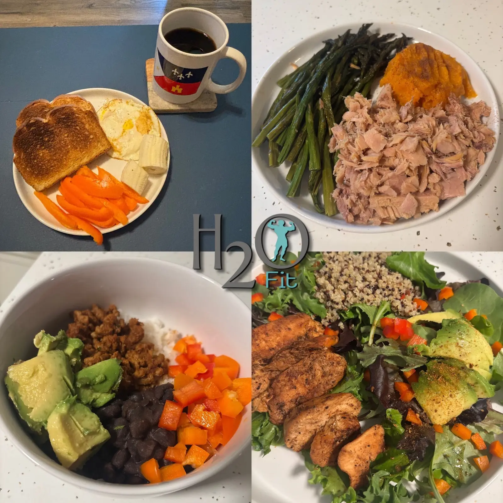 A client's prepared meals for the week: eggs, asparagus, tuna, sweet potato and quinoa